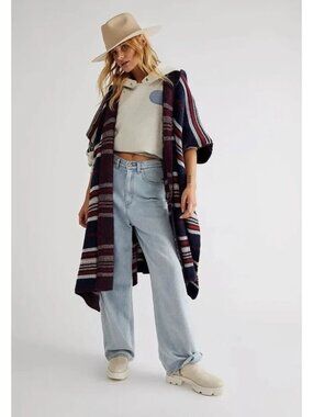 Free People Blue Red Knit Striped Cold Canyon Hooded Poncho, Size OS